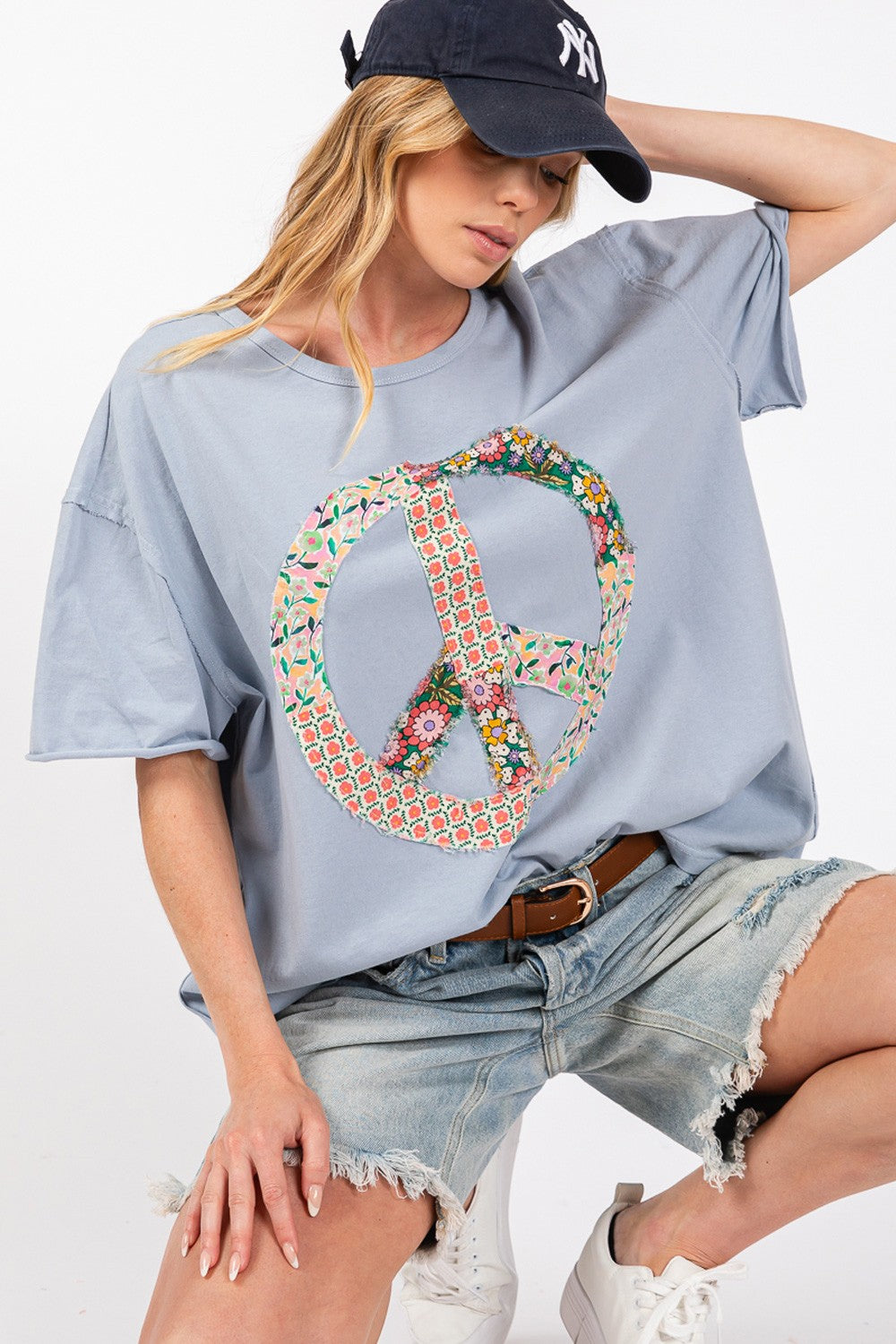 SAGE + FIG Peace Sign Round Neck Half Sleeve T-Shirt Trendsi