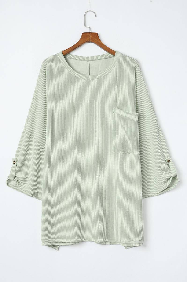 Corded Knit Roll-Tab Sleeve Oversize Top Kiwidrop