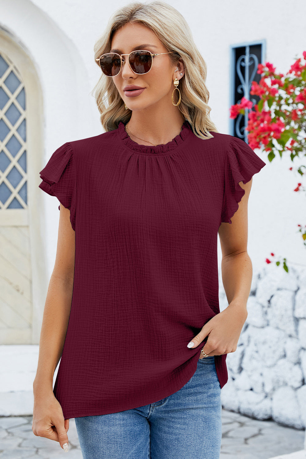 Ruffled Round Neck Cap Sleeve Blouse Casual Chic Boutique