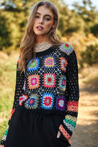 Floral Crochet Striped Sleeve Cropped Knit Sweater Davi & Dani