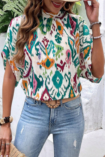 Printed Mock Neck Half Sleeve Blouse Trendsi