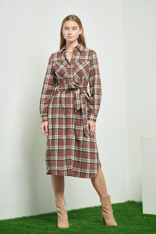 PLAID PRINT COLLAR LONG SHIRT DRESS Jade By Jane