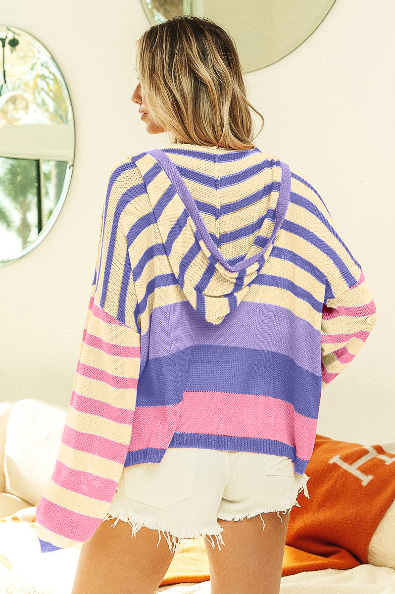 Striped Color Block  Hooded Knit Top Casual Chic Botique