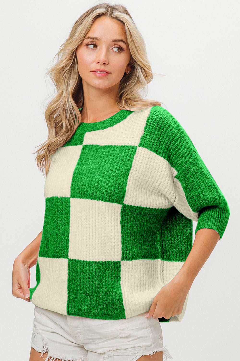 BiBi Checkered Contrast Round Neck Sweater Trendsi