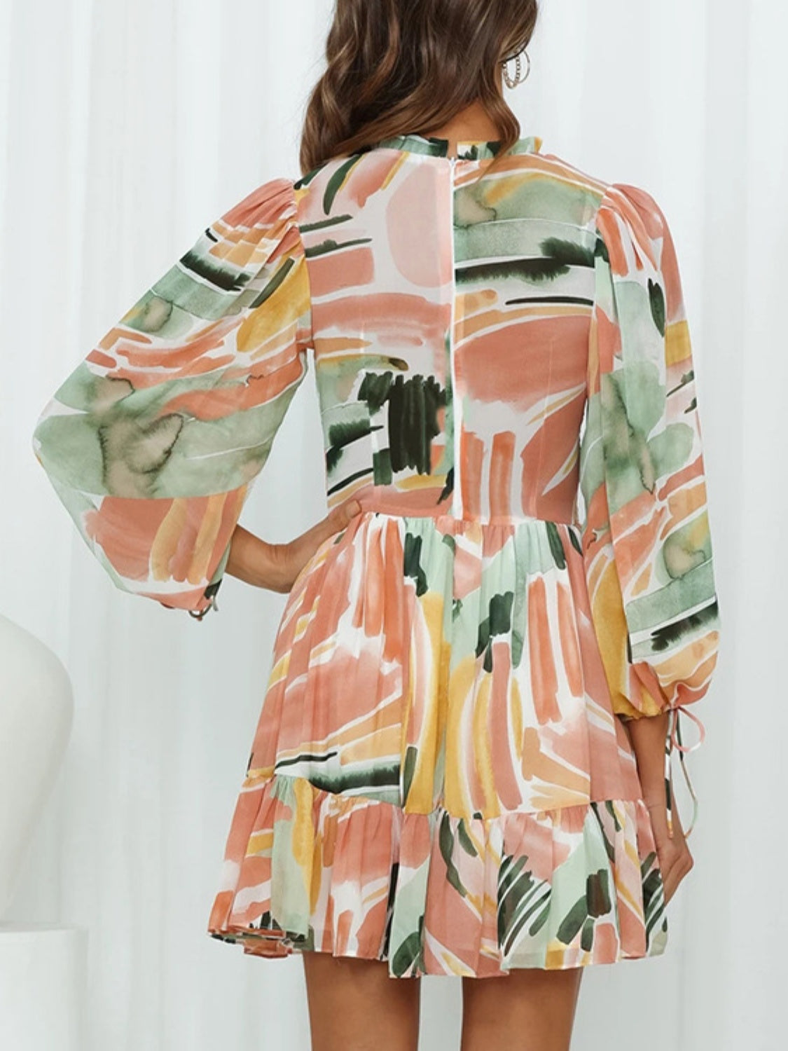 Printed Mock Neck Balloon Sleeve Mini Dress Trendsi