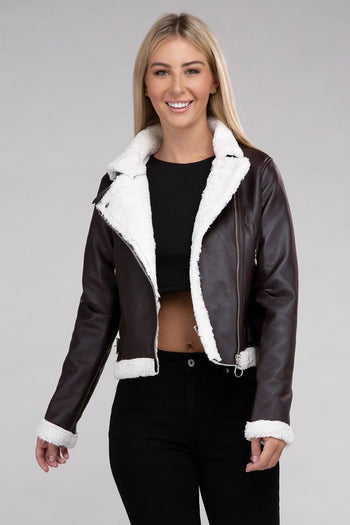 Plush Teddy Trimmed PU Jacket Ambiance Apparel