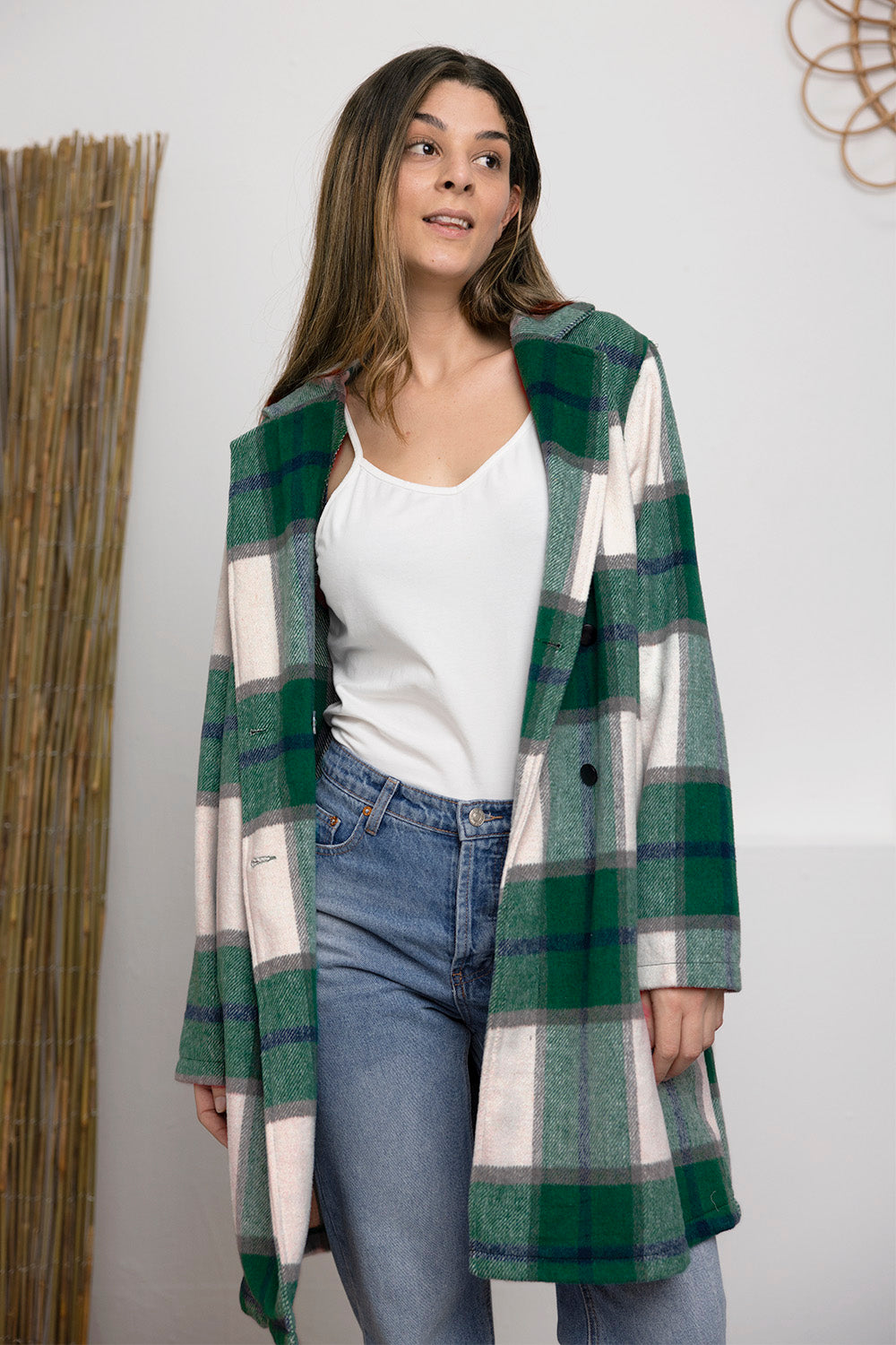 Double Take Full Size Plaid Button Up Lapel Collar Coat Trendsi