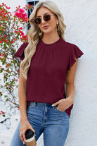 Ruffled Round Neck Cap Sleeve Blouse Casual Chic Boutique