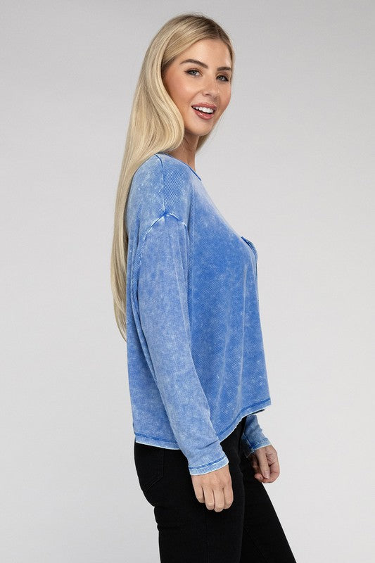 Washed Ribbed Dolman Sleeve Round Neck Top ZENANA