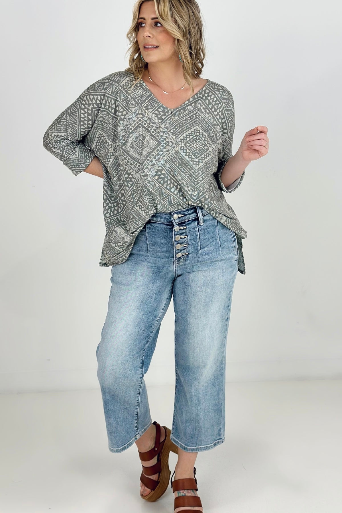 BiBi Aztec Print French Terry V Neck Top Kiwidrop