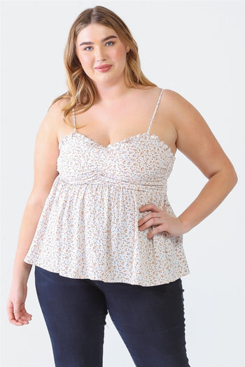 Zenobia Plus Size Frill Smocked Floral Sweetheart Neck Cami Zenobia