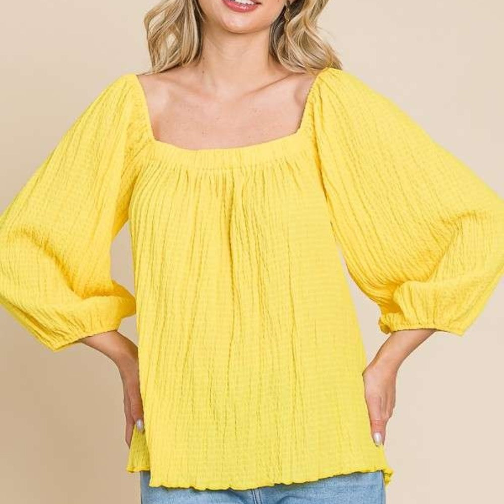 Culture Code Texture Square Neck Puff Sleeve Top