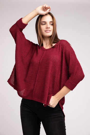 3/4 Sleeve V-Neck Hi-Low Hem Jacquard Sweater ZENANA