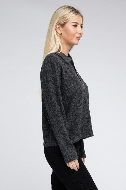 Brushed Melange Hacci Collared Sweater ZENANA