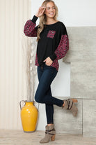 Leopard Print Contrasted Balloon Sleeve Sweater Orange Farm Clothing