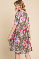 BOMBOM Flower Print V-Neck Ruched Dress Trendsi