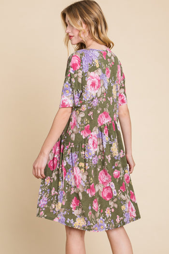 BOMBOM Flower Print V-Neck Ruched Dress Trendsi