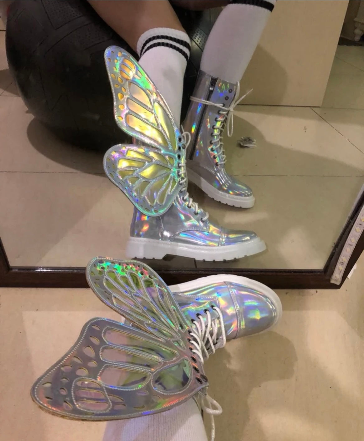 Butterfly Wings Shine Silver Leather Flat Women's Sneakers Fashionella