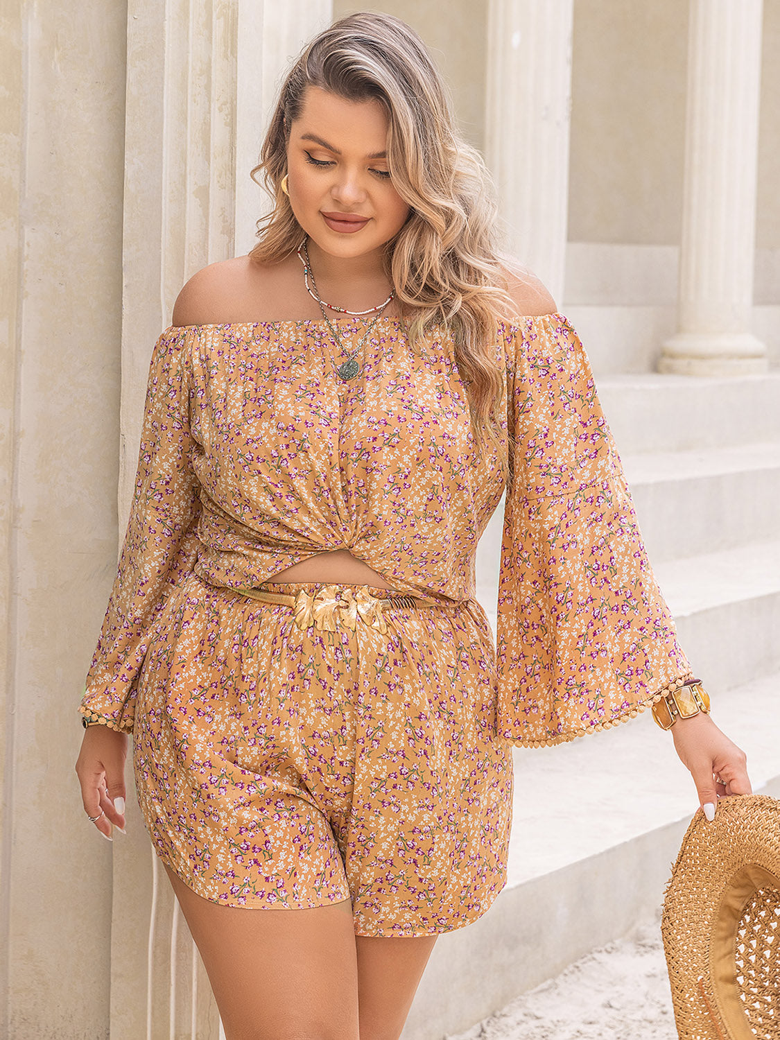 Plus Size Printed Off-Shoulder Top and Shorts Set Trendsi