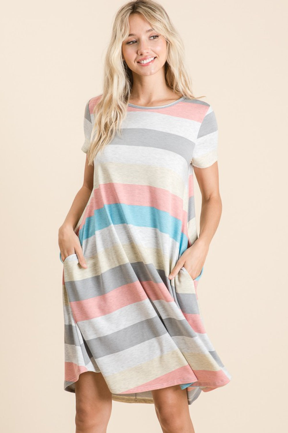 BOMBOM Striped Short Sleeve Dress with Pockets Trendsi