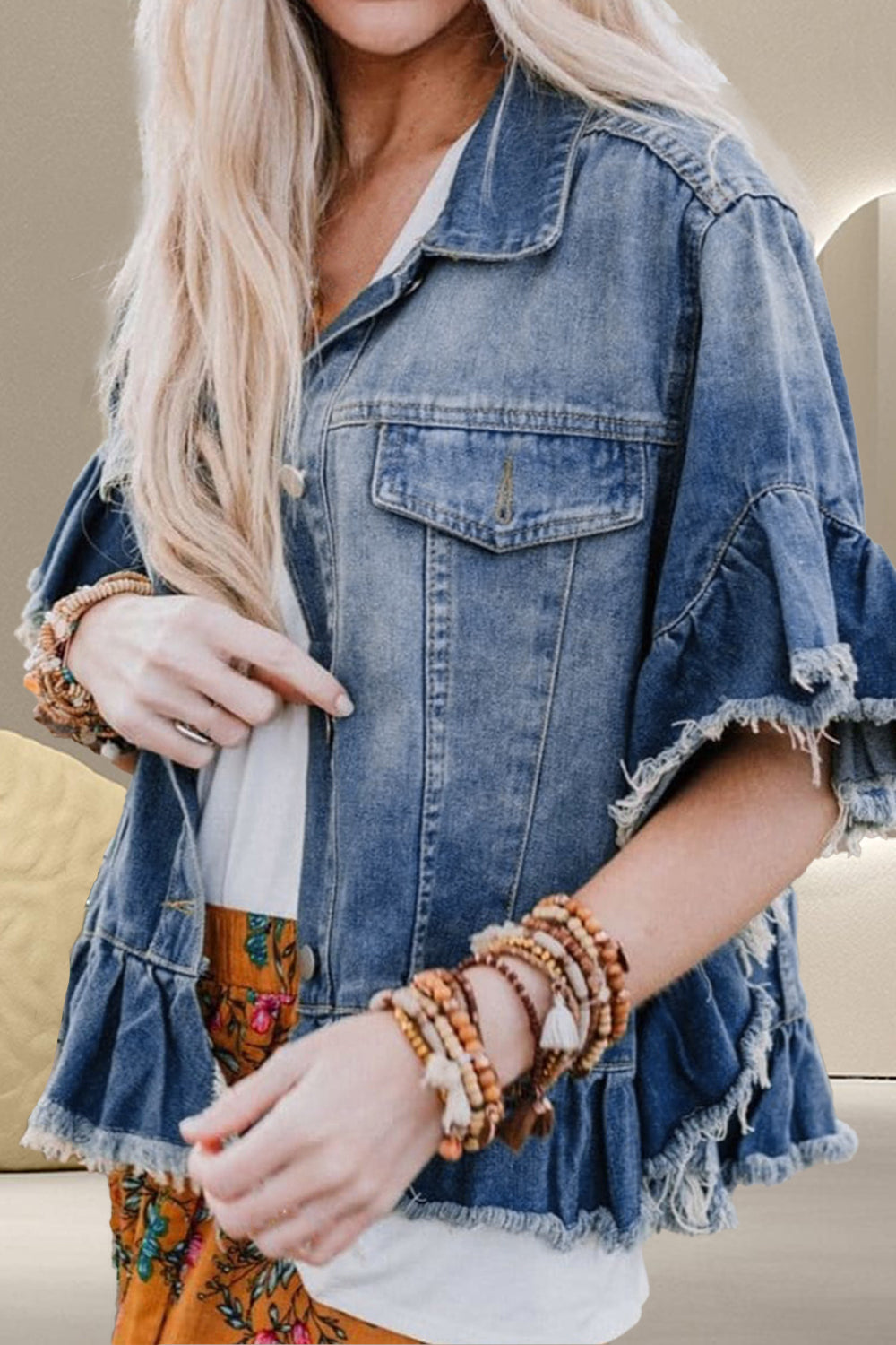 Ruffled Raw Hem Half Sleeve Denim Top Trendsi