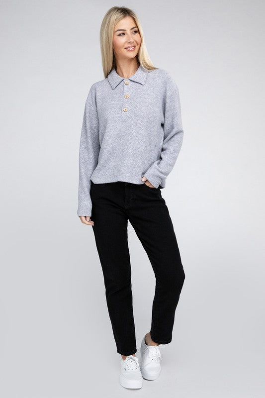 Brushed Melange Hacci Collared Sweater ZENANA