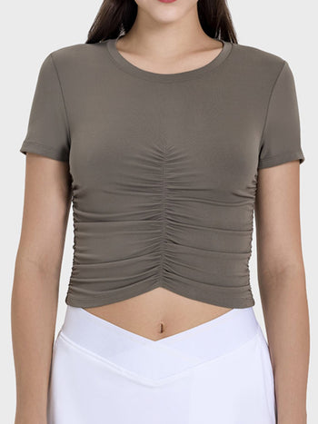 Ruched Round Neck Short Sleeve Active T-Shirt Trendsi