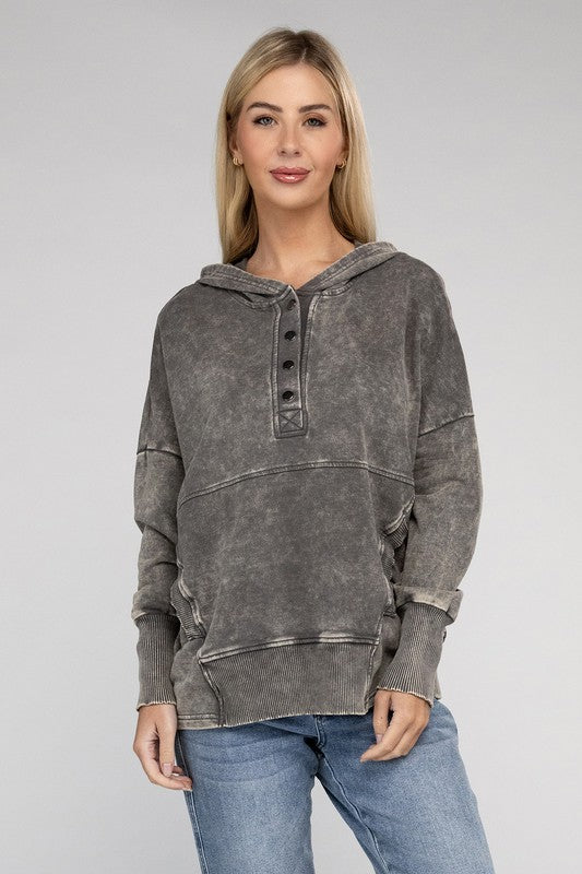 French Terry Acid Wash Kangaroo Pocket Hoodie ZENANA