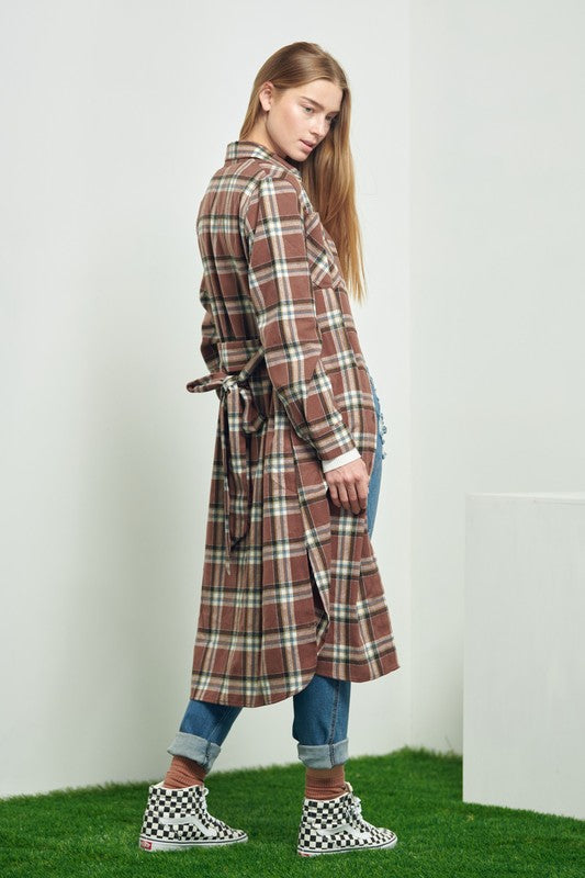 PLAID PRINT COLLAR LONG SHIRT DRESS Jade By Jane