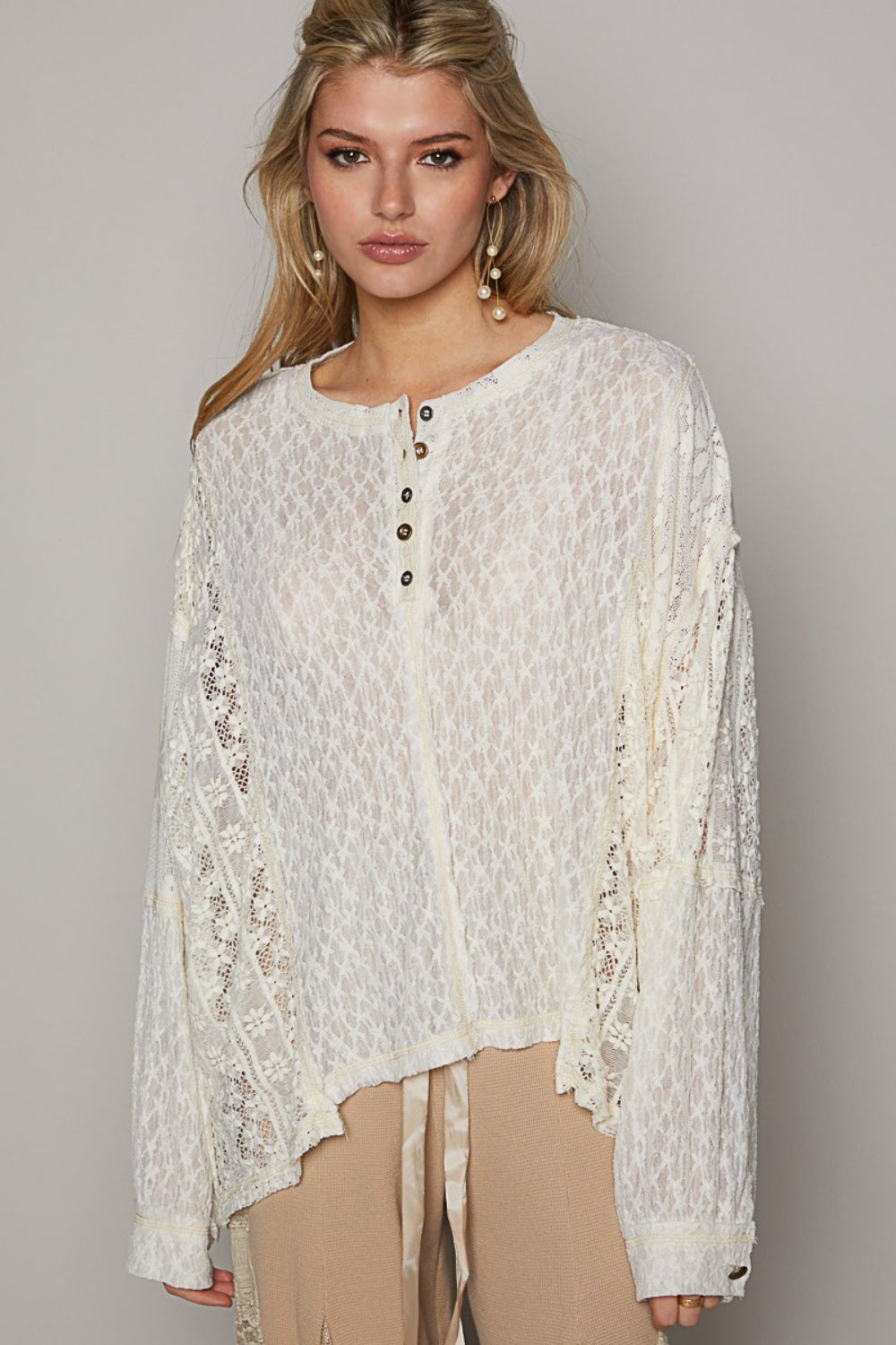 POL Round Neck Long Sleeve Raw Edge Lace Top Trendsi