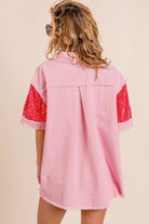 BiBi Sequin Detail Raw Hem Short Sleeve Shirt Trendsi
