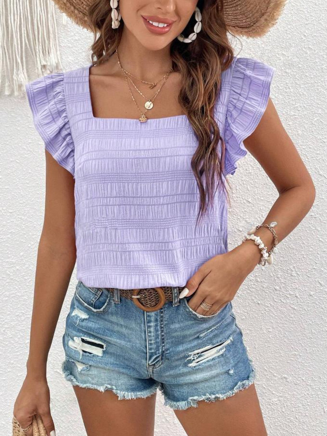 Ruffled Square Neck Cap Sleeve Blouse Trendsi