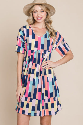 BOMBOM Ruched Color Block Short Sleeve Mini Dress Trendsi