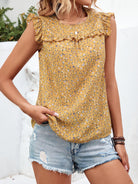 Ruffled Printed Round Neck Cap Sleeve Blouse Trendsi