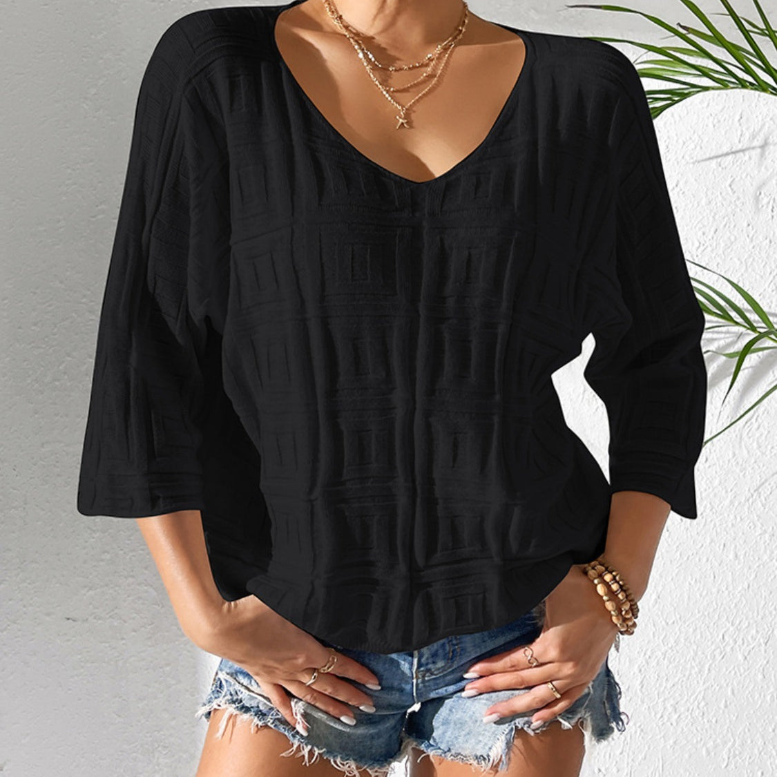 V-Neck Three-Quarter Sleeve Knit Top