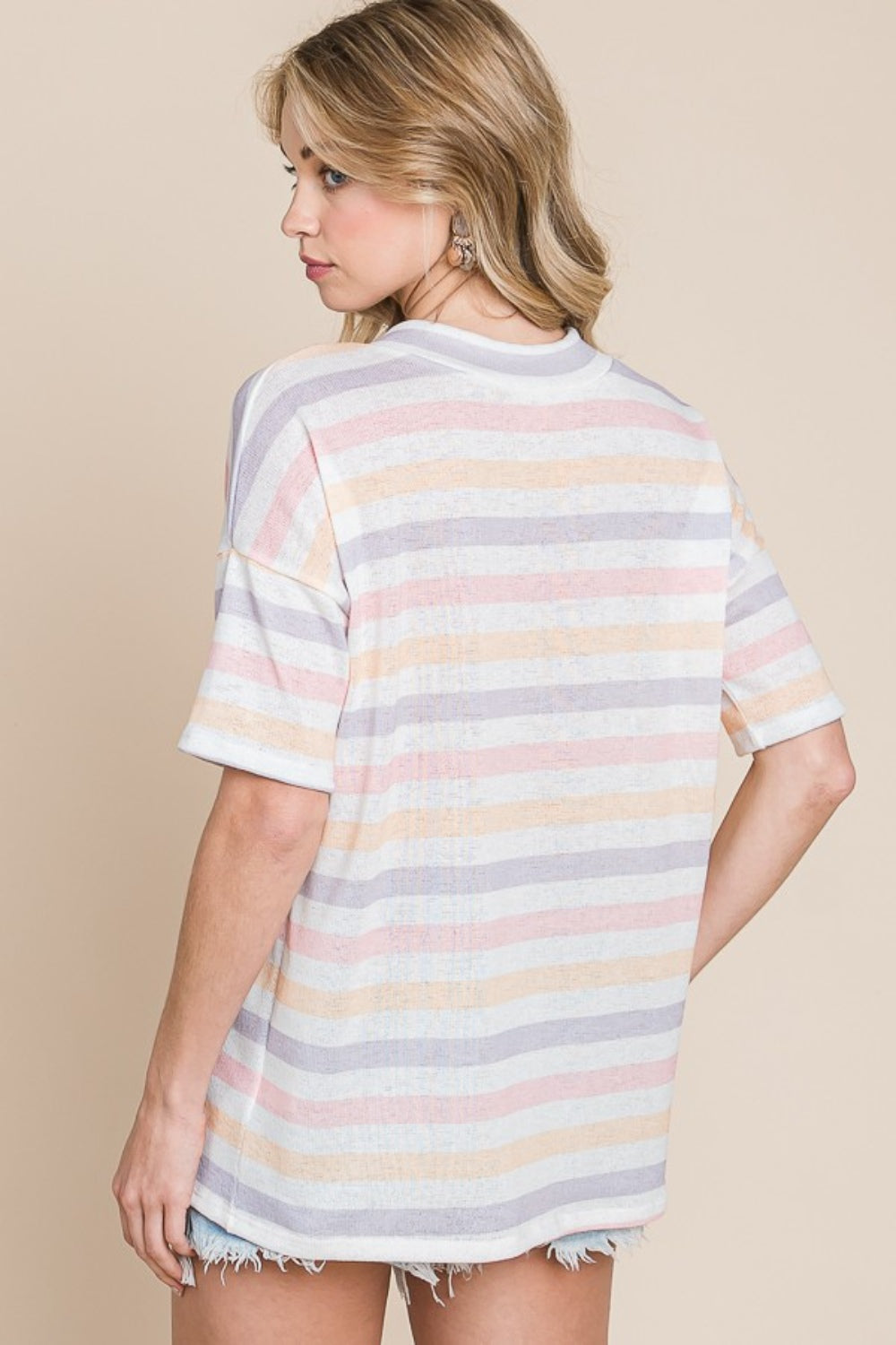 BOMBOM Striped V-Neck Short Sleeve T-Shirt Trendsi