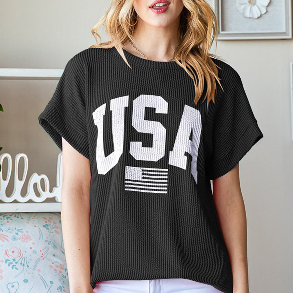 Heimish Full Size USA Graphic Short Sleeve Ribbed Top