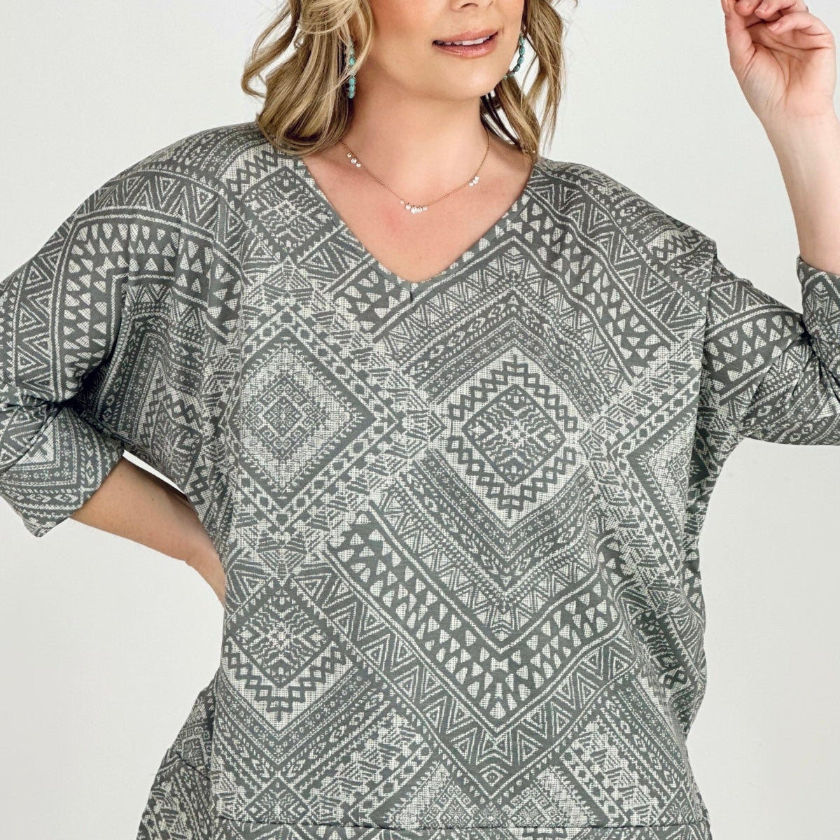 BiBi Aztec Print French Terry V Neck Top Kiwidrop