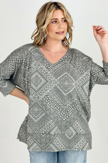 BiBi Aztec Print French Terry V Neck Top Kiwidrop