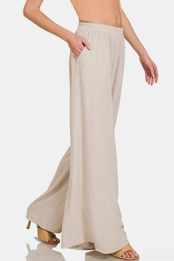 Zenana Pleated Linen Blend Wide Leg Pants Trendsi