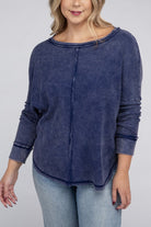 Plus Washed Baby Waffle Oversized Long Sleeve Top ZENANA