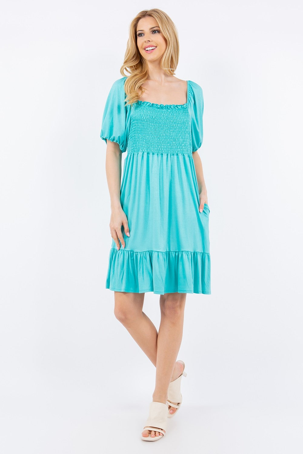 Celeste Full Size Ruffle Hem Short Sleeve Smocked Dress Trendsi