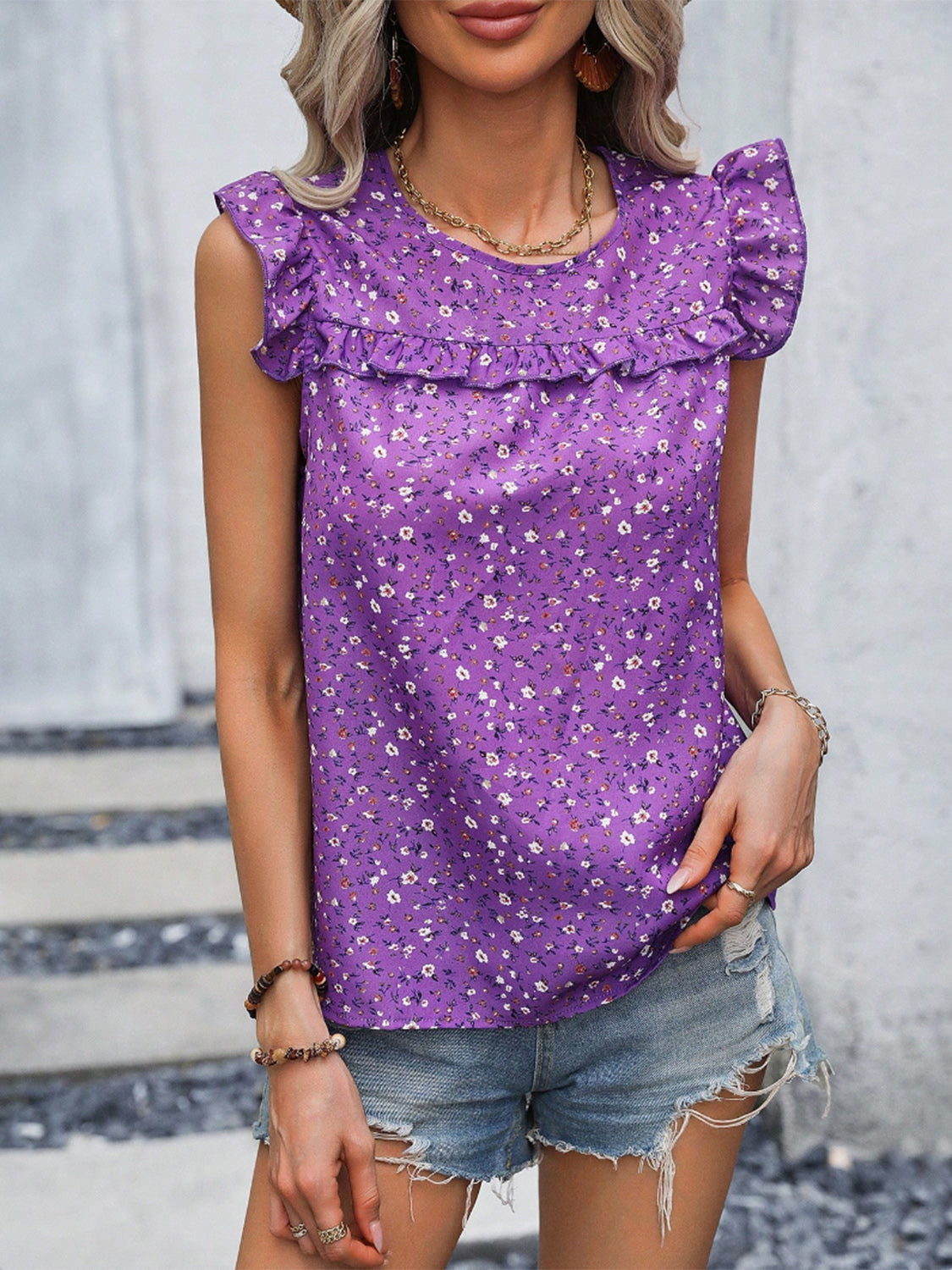 Ruffled Printed Round Neck Cap Sleeve Blouse Trendsi