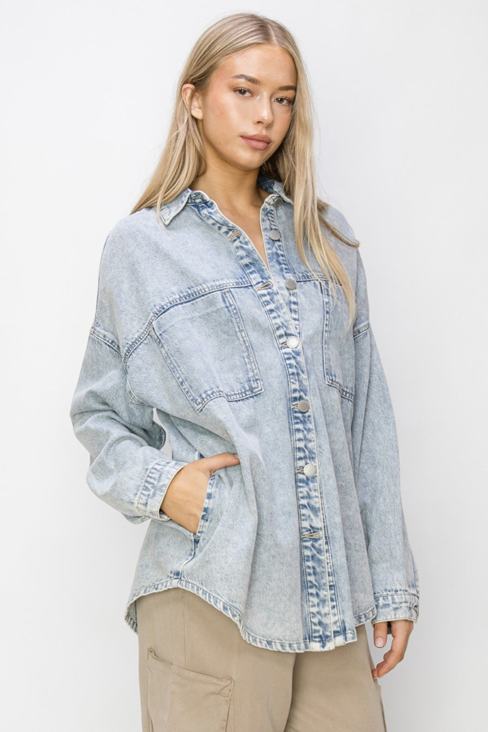 RISEN Button Up Long Sleeve Shacket Trendsi