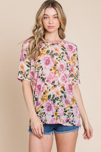 BOMBOM Floral Round Neck T-Shirt Trendsi