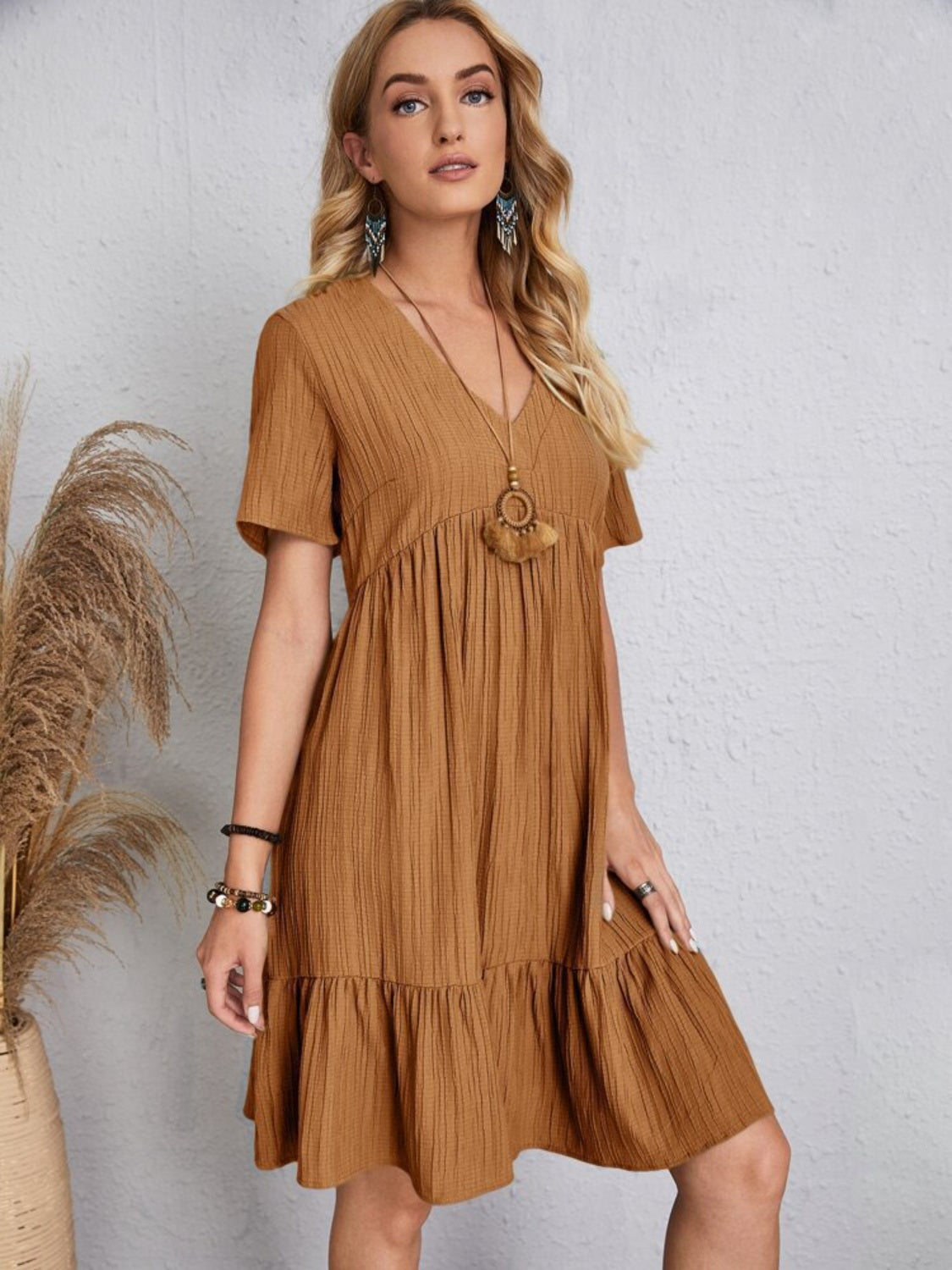 Full Size V-Neck Short Sleeve Dress Trendsi