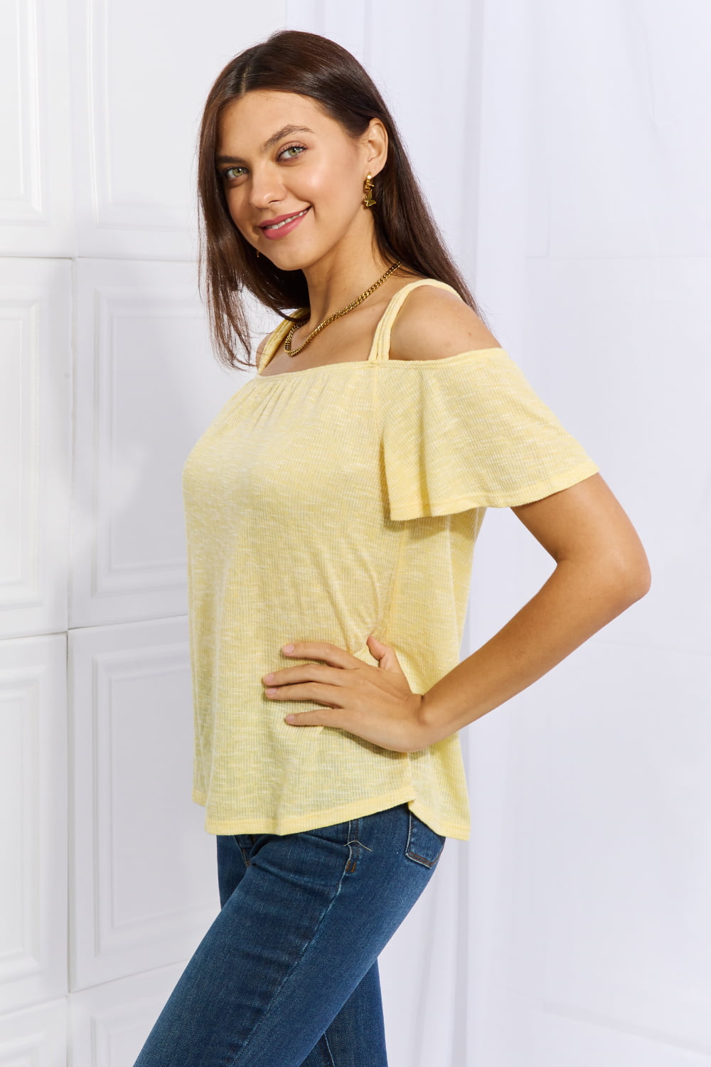 Culture Code On The Move Off The Shoulder Flare Sleeve Top in Ice Blue Culture Code