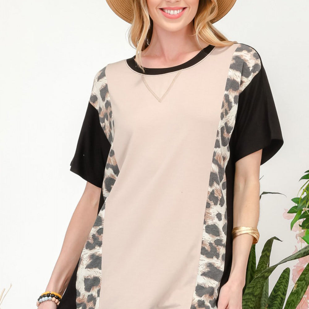Celeste Full Size Leopard Color Block T-Shirt Trendsi