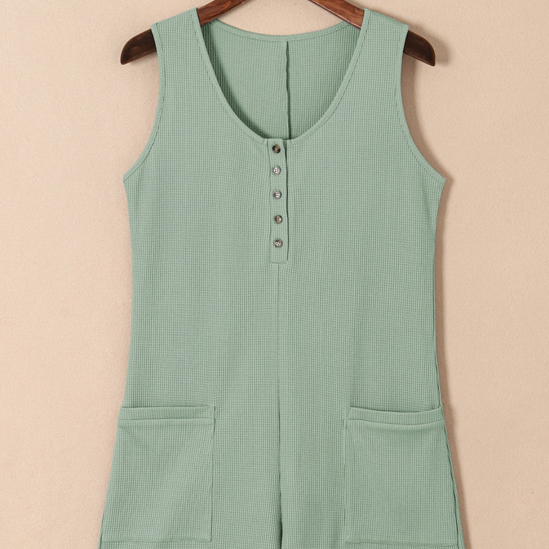 Waffle-Knit Half Button Sleeveless Romper with Pockets