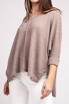 3/4 Sleeve V-Neck Hi-Low Hem Jacquard Sweater ZENANA